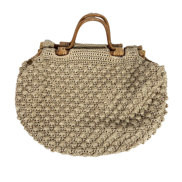 Vintage Crochet Wood Handle Handbag Tan Bauble Bubbles Lined Retro Neutral Beige - Picture 1 of 10
